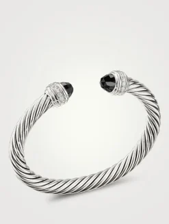 Classic Cable Bracelet In Sterling Silver With Black Onyx And Diamonds, 7mm