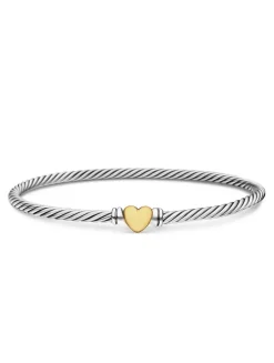 Classic Cable Heart Station Bracelet In Sterling Silver With 18k Yellow Gold, 3mm