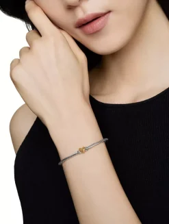 Classic Cable Heart Station Bracelet In Sterling Silver With 18k Yellow Gold, 3mm