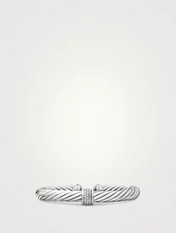 Classic Cable Station Bracelet In Sterling Silver With Pavé Diamonds, 7mm