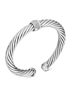 Classic Cable Station Bracelet In Sterling Silver With Pavé Diamonds, 7mm