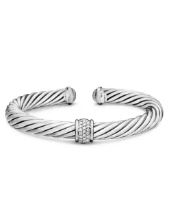Classic Cable Station Bracelet In Sterling Silver With Pavé Diamonds, 7mm