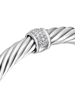 Classic Cable Station Bracelet In Sterling Silver With Pavé Diamonds, 7mm