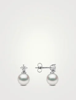 Classic 18K White Gold Akoya Pearl And Diamond Earrings