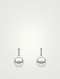 Classic 18K White Gold Freshwater Pearl And Diamond Earrings