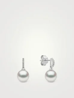 Classic 18K White Gold Freshwater Pearl And Diamond Earrings
