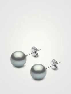 Classic 18K White Gold 9-10mm Silver Tahitian Pearl Earrings
