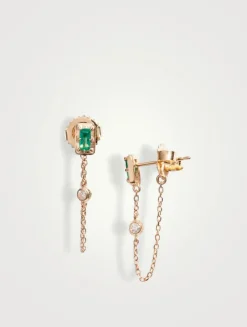 Classique 14K Gold Carré Chain Earrings With Emeralds And Diamonds
