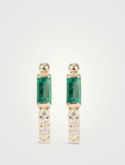 Cléo 14K Gold Baguette Half Hoop Earrings With Emerald And Diamonds