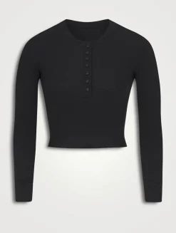 Cotton Rib Long-Sleeve Crop Henley