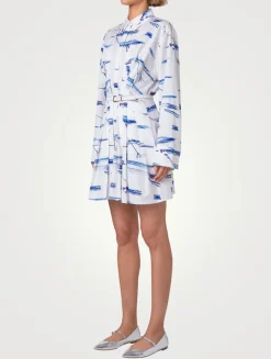 Cotton Shirt Dress In Kasuri Birds Print