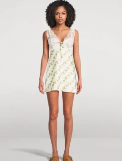 Countryside Lace-Trimmed Satin Mini Dress In Floral Print