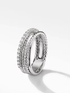 Crossover Band Ring In Sterling Silver With Pavé Diamonds
