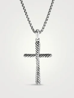 Crossover Cross Pendant In Sterling Silver With Pavé Diamonds
