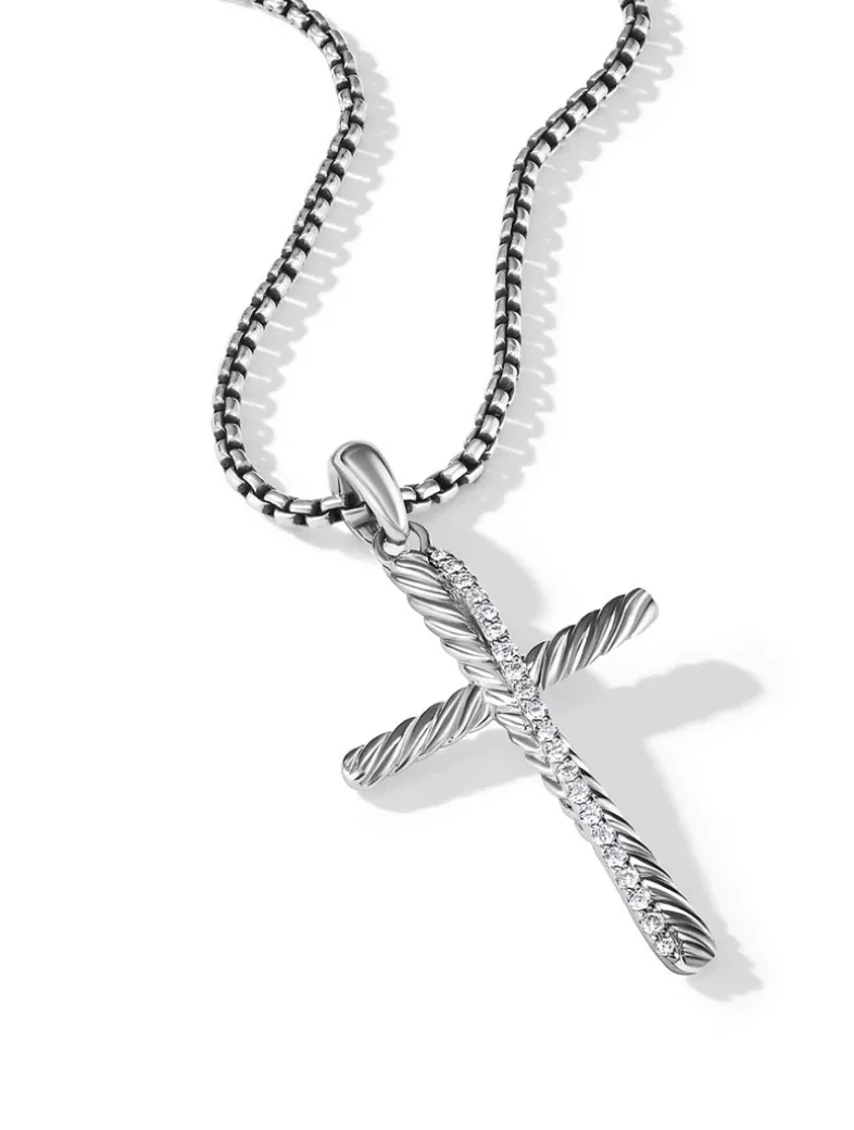 Crossover Cross Pendant In Sterling Silver With Pavé Diamonds