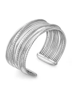 Crossover Cuff Bracelet In Sterling Silver With Diamonds, 27.5mm