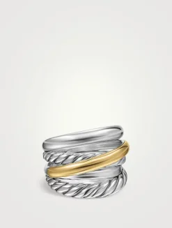 Crossover Five Row Ring In Sterling Silver With 14k Yellow Gold, 17.5mm