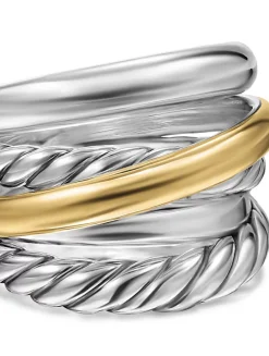 Crossover Five Row Ring In Sterling Silver With 14k Yellow Gold, 17.5mm