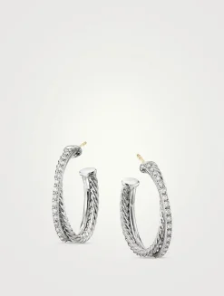 Crossover Hoop Earrings In Sterling Silver With Pavé Diamonds