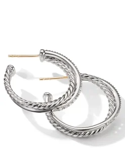 Crossover Hoop Earrings In Sterling Silver With Pavé Diamonds