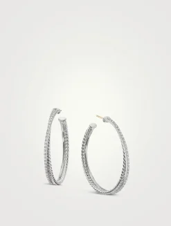 Crossover Hoop Earrings In Sterling Silver With Pavé Diamonds