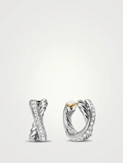 Crossover Huggie Hoop Earrings In Sterling Silver With Diamonds, 12.4mm