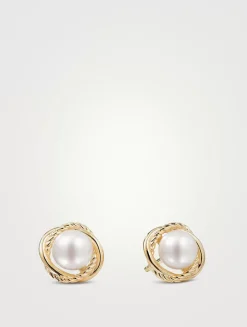 Crossover Infinity Pearl Stud Earrings In 18k Yellow Gold
