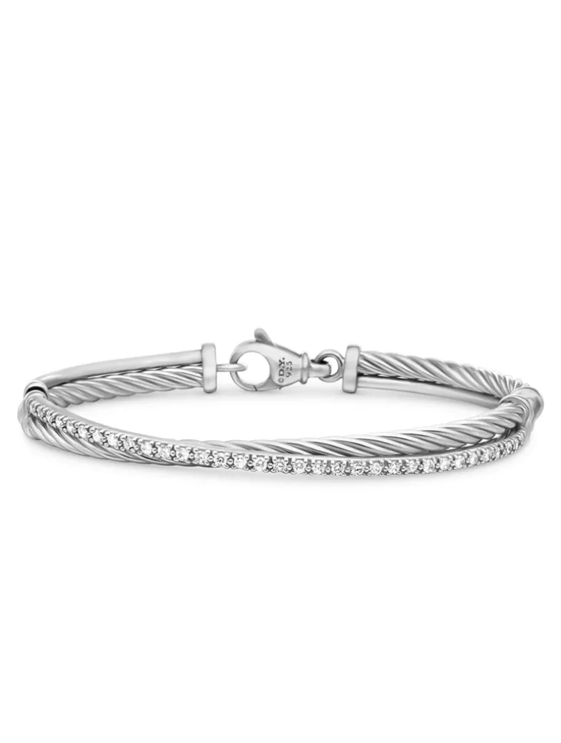 Crossover Link Bracelet In Sterling Silver With Diamonds, 3mm