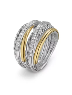 Crossover Seven Row Ring In Sterling Silver With 18k Yellow Gold And Diamonds, 16mm