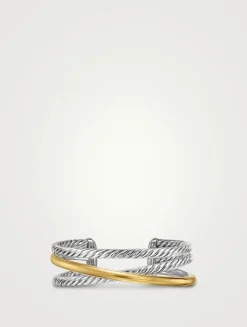 Crossover Three Row Cuff Bracelet In Sterling Silver With 14k Yellow Gold, 20mm