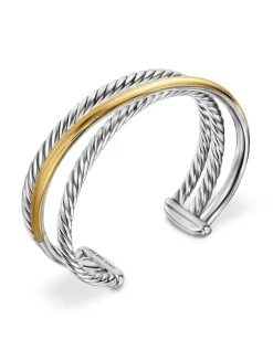 Crossover Three Row Cuff Bracelet In Sterling Silver With 14k Yellow Gold, 20mm