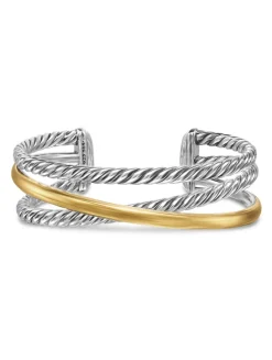 Crossover Three Row Cuff Bracelet In Sterling Silver With 14k Yellow Gold, 20mm