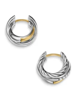 Crossover Three Row Huggie Hoop Earrings In Sterling Silver With 18k Yellow Gold, 13mm