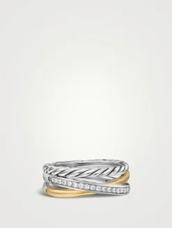Crossover Three Row Ring In Sterling Silver With 18k Yellow Gold And Diamonds, 7mm