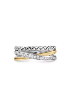 Crossover Three Row Ring In Sterling Silver With 18k Yellow Gold And Diamonds, 7mm