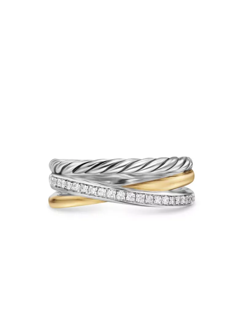 Crossover Three Row Ring In Sterling Silver With 18k Yellow Gold And Diamonds, 7mm