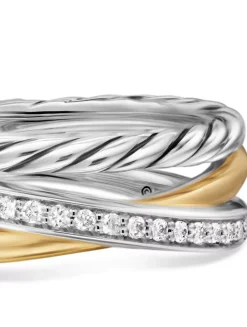 Crossover Three Row Ring In Sterling Silver With 18k Yellow Gold And Diamonds, 7mm