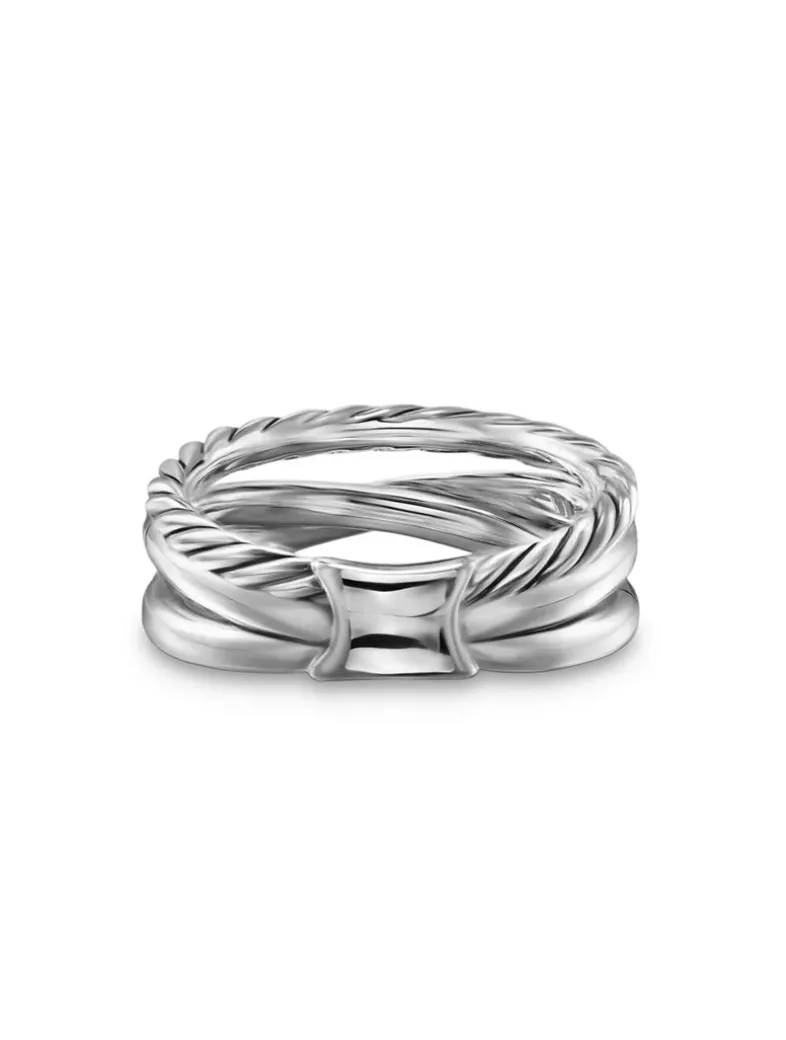 Crossover Three Row Ring In Sterling Silver With 18k Yellow Gold And Diamonds, 7mm