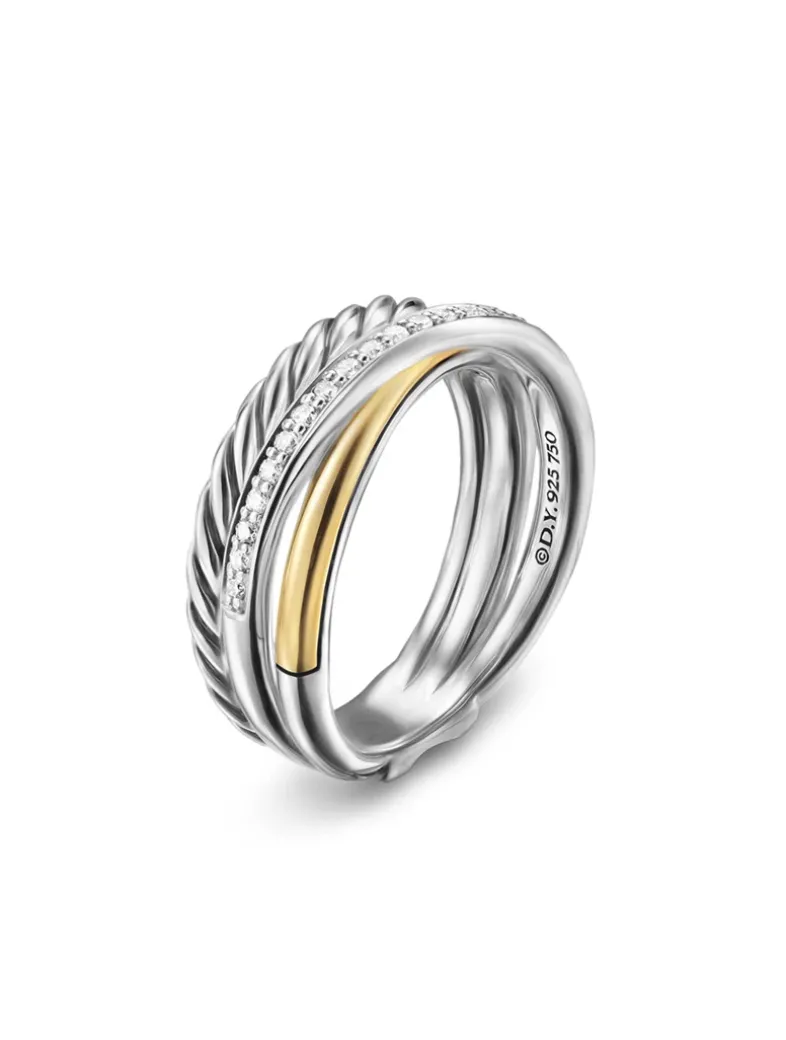Crossover Three Row Ring In Sterling Silver With 18k Yellow Gold And Diamonds, 7mm