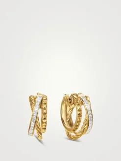 Crossover Trio Multi Row Hoop Earrings In 18k Yellow Gold With Diamonds, 18mm