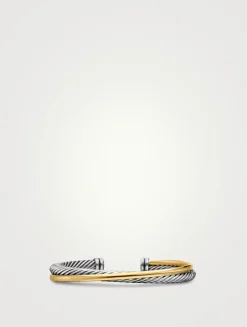 Crossover Two Row Cuff Bracelet In Sterling Silver With 18k Yellow Gold, 5mm
