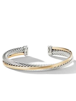 Crossover Two Row Cuff Bracelet In Sterling Silver With 18k Yellow Gold, 5mm