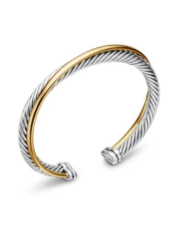 Crossover Two Row Cuff Bracelet In Sterling Silver With 18k Yellow Gold, 5mm