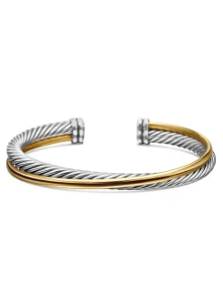 Crossover Two Row Cuff Bracelet In Sterling Silver With 18k Yellow Gold, 5mm