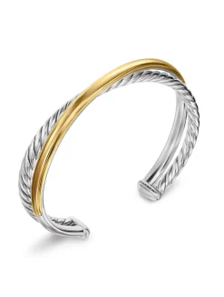 Crossover Two Row Cuff Bracelet In Sterling Silver With 14k Yellow Gold, 11mm