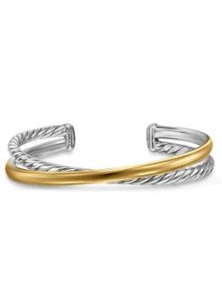 Crossover Two Row Cuff Bracelet In Sterling Silver With 14k Yellow Gold, 11mm