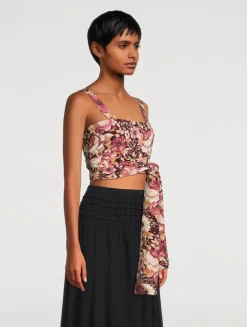 Crêpe de Chine Cropped Tank Top In Rose Print