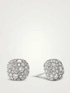 Cushion Stud Earrings In 18k White Gold With Pavé Diamonds