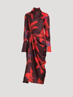 Draped Silk Dress In Lily Print