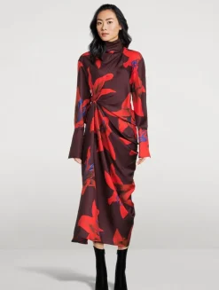 Draped Silk Dress In Lily Print